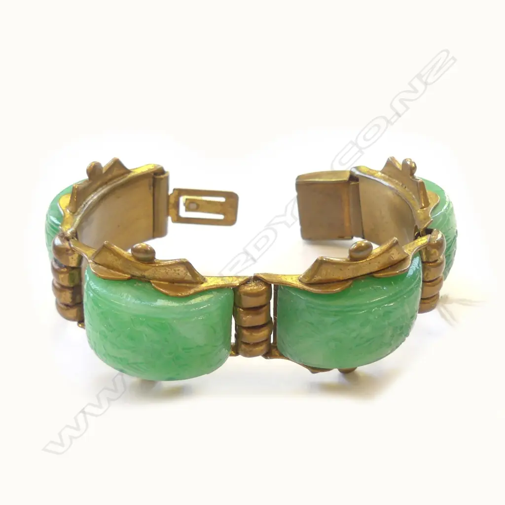 HEAVY BRASS AND ENGRAVED FAUX JADE PANEL BRACELET Image 1++