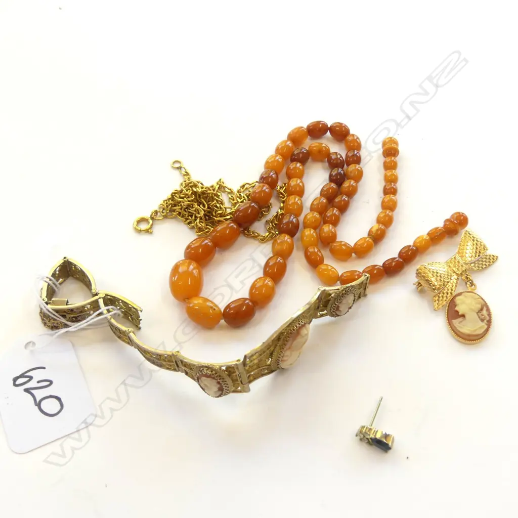 SM BAG; FILIGREE CAMEO BRACELET & RIBBON BROOCH,  ORANGE BEADS ETC Image 1++