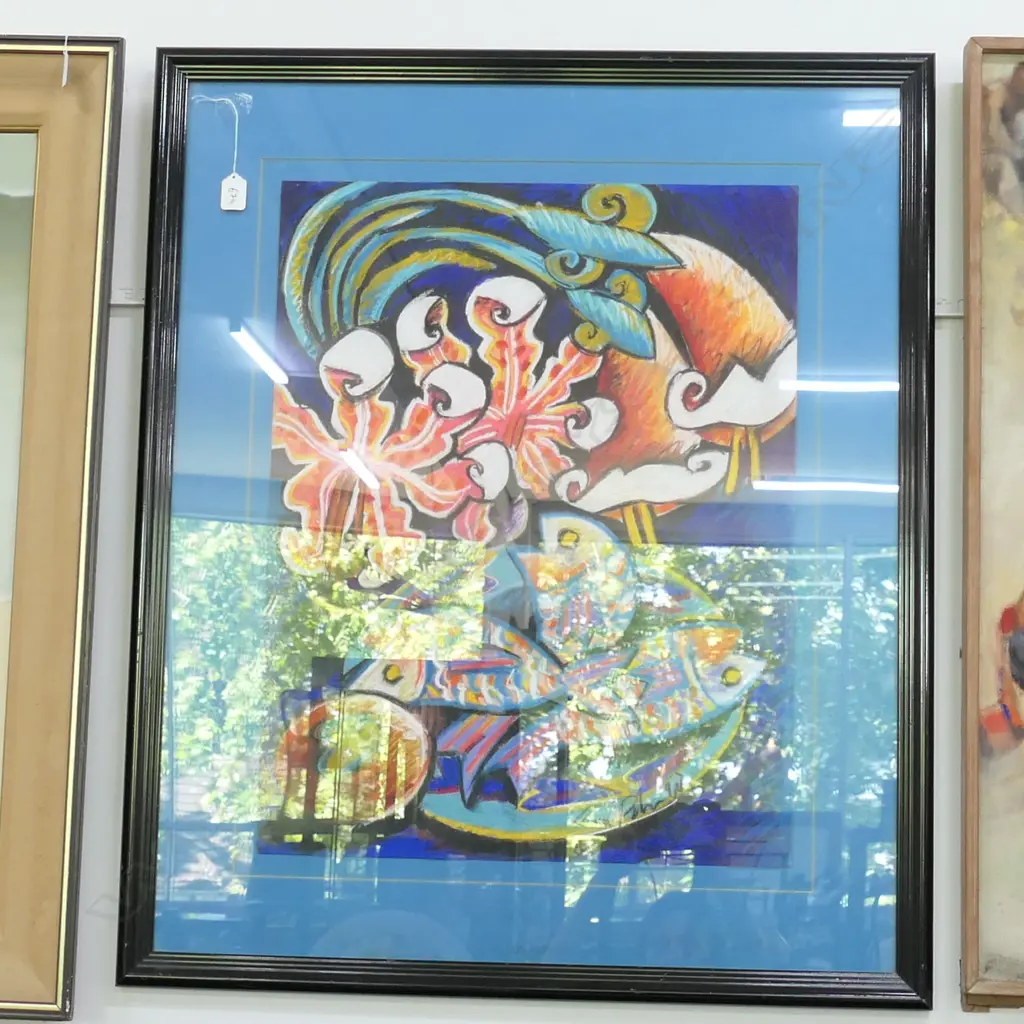 ANNA PALMER, "FISH AND LILIES" STILL LIFE, OIL STICK ON PAPER, SIGNED & DATED 92. 640 x 490mm. Image 1++