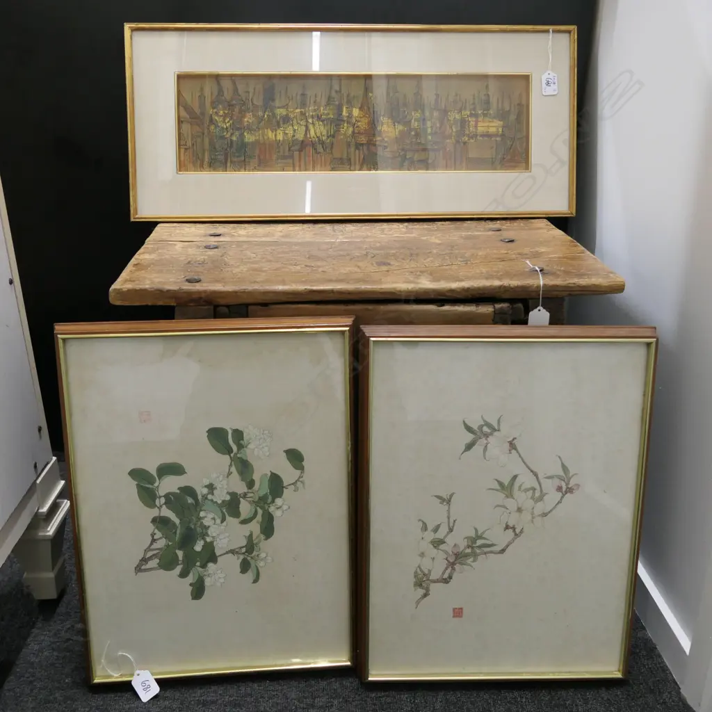 INK & WATER COLOUR WITH GILT -THAI TEMPLES 140 X 53MM + 2  CHINESE FLOWER PRINTS Image 1++