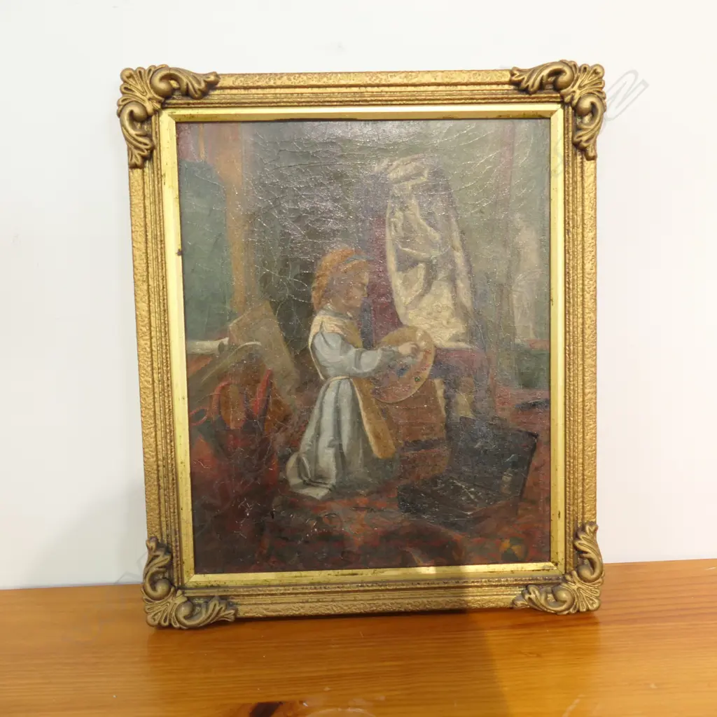 VICT. OIL ON CARD, CHILD IN THE ARTIST'S STUDIO Image 1++