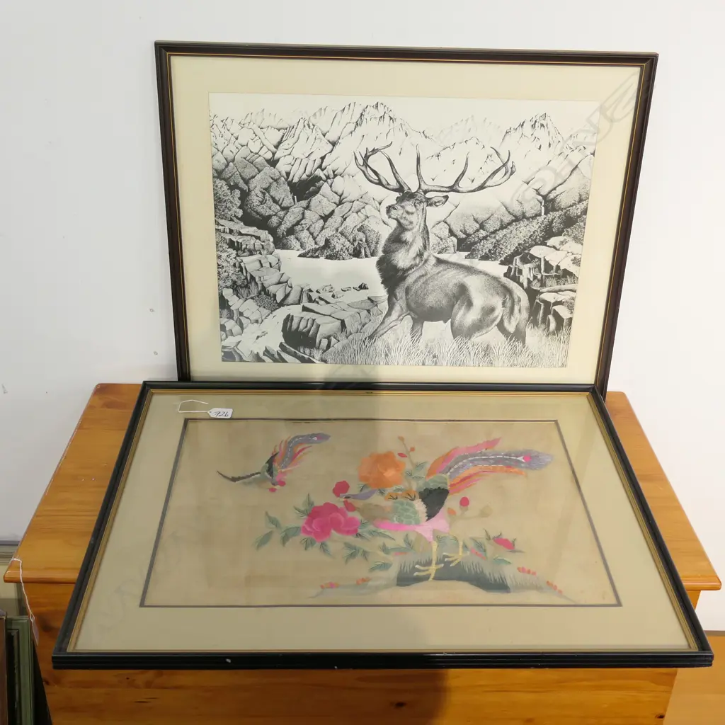 TWO PRINTS, STAG AND SILK ROOSTER EMBROIDERY 720MM W X 530MM H Image 1++
