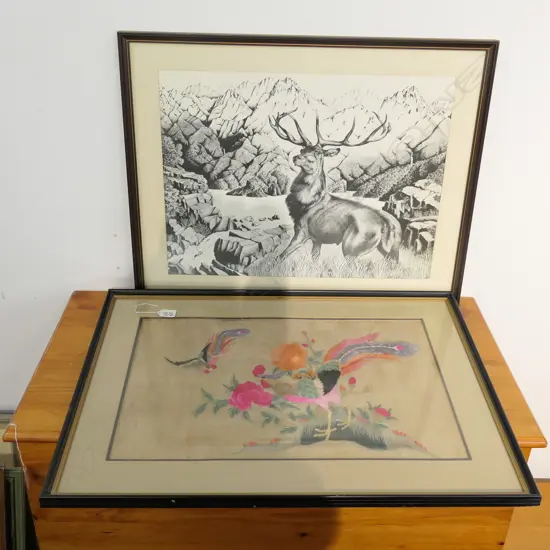 TWO PRINTS, STAG AND SILK ROOSTER EMBROIDERY 720MM W X 530MM H