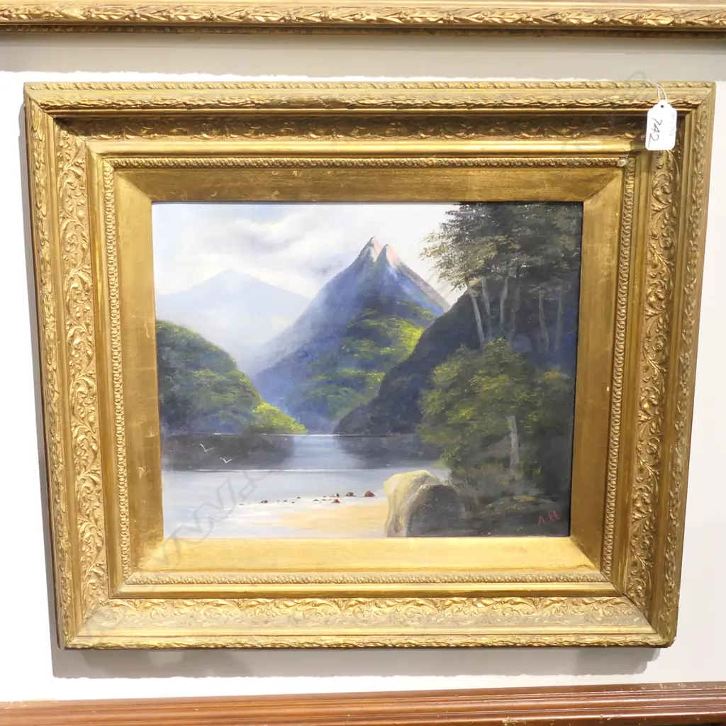 MOUNTAINS & LAKE, OIL ON BOARD, SIGNED A.B. Image 1++