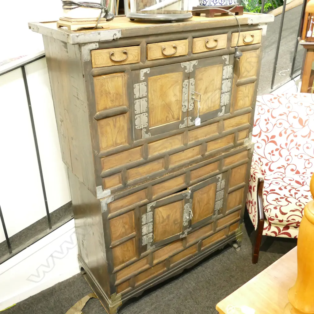 OLD ORIENTAL 2 SECTION CHEST ELM WHITE METAL FITTINGS Image 1++