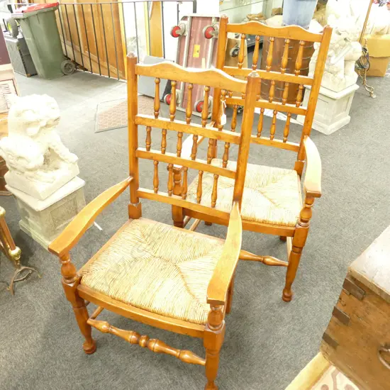 PAIR OF SEAGRASS SEATED OAK SPINDLE BACK ARMCHAIRS