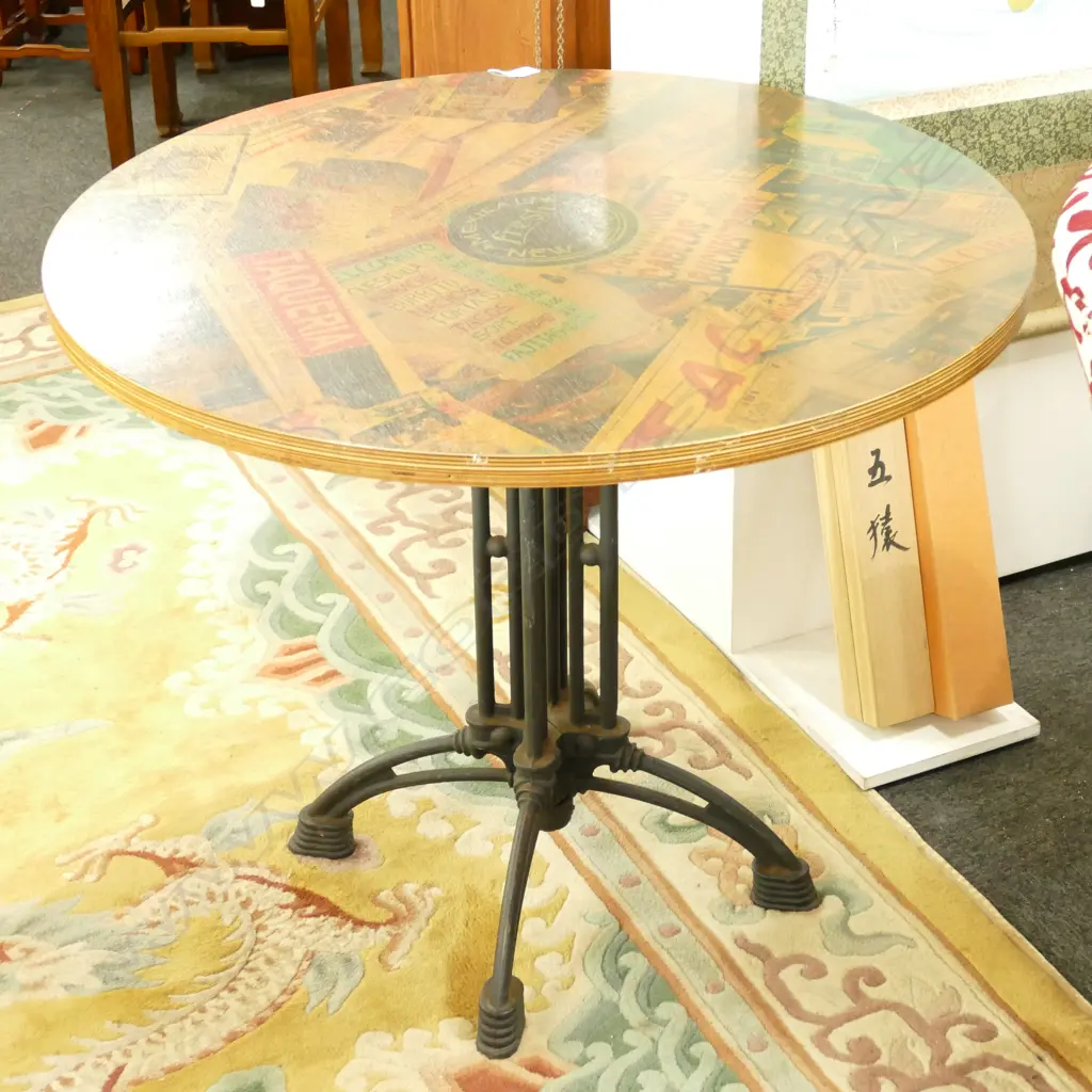 ROUND WOODEN CAFE TABLE, WROUGHT IRON BASED, Image 1++