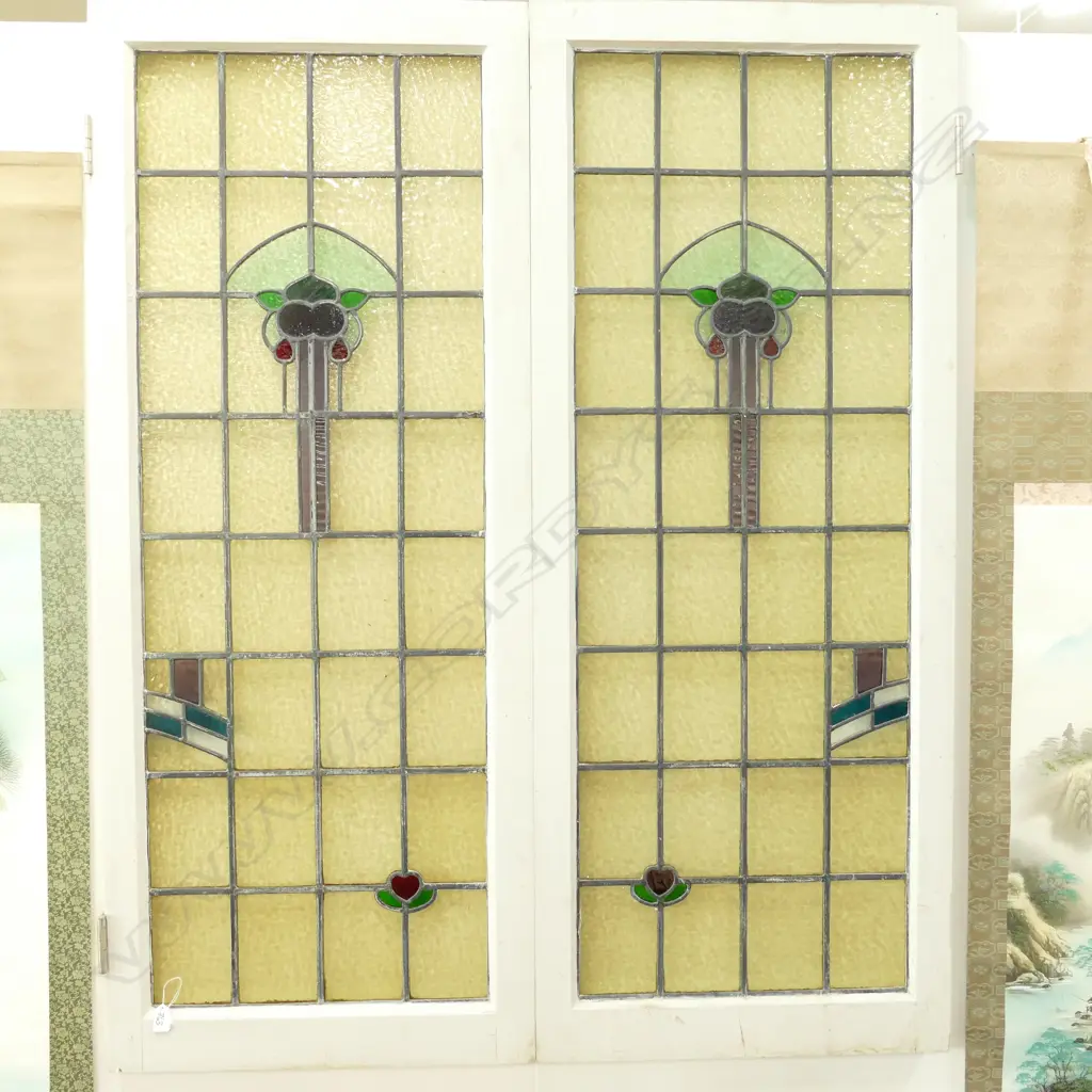 PAIR OF LEADLIGHT COLOURED WINDOWS PLUS ORIGINAL WOODEN FRAME Image 1++