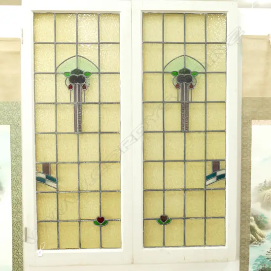 PAIR OF LEADLIGHT COLOURED WINDOWS PLUS ORIGINAL WOODEN FRAME