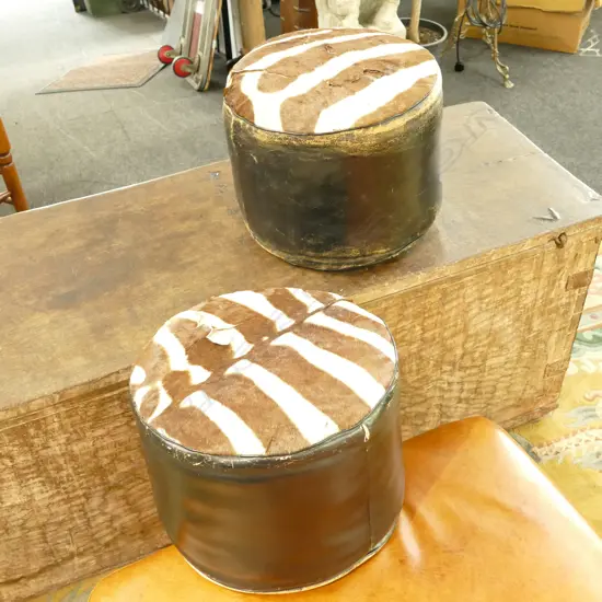 PAIR ZEBRA AND LEATHER TOPPED FOOTSTOOLS AF