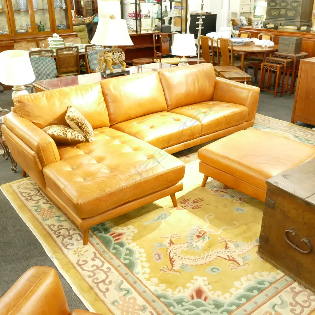 TAN LEATHER SOFA ARMCHAIR AND OTTOMAN Image 1++