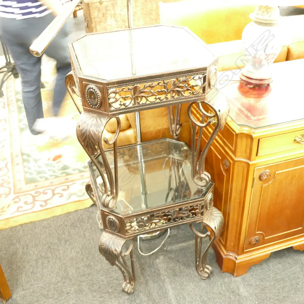 2 GLASS TOP ANTIQUE STYLE COPPER LOOK TABLES 450 X 450 MM Image 1++