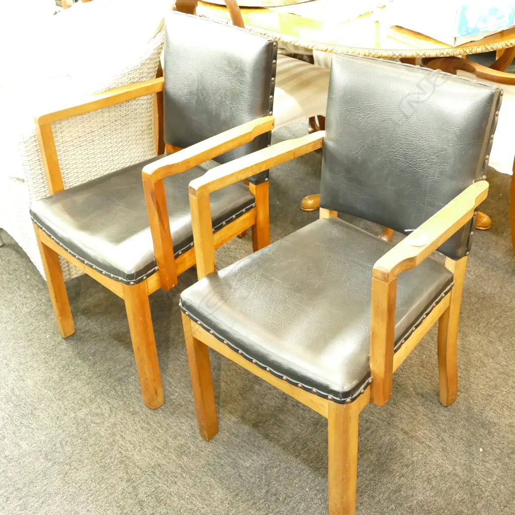 PR 1940'S BLACK VYNAL UPHOLSTERED ARMCHAIRS Image 1++