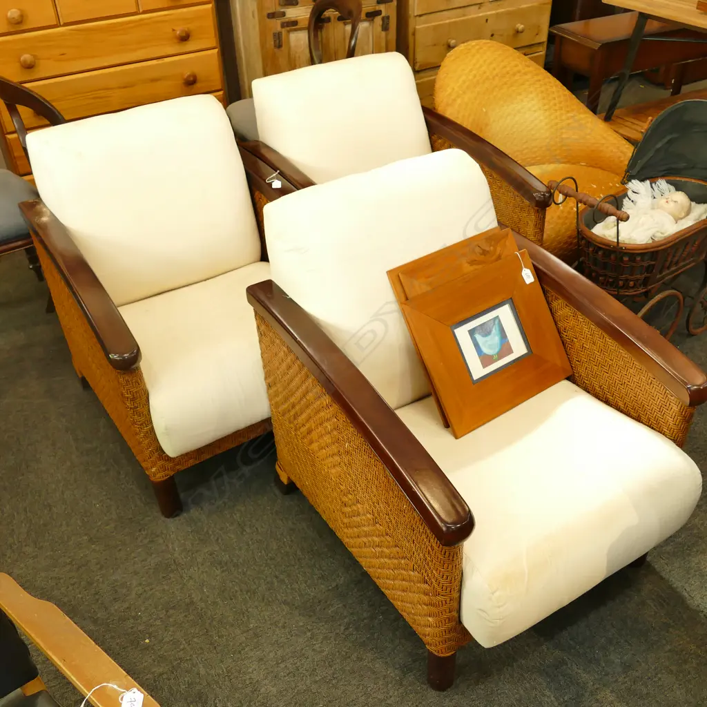 3 RATTAN CANE, MAHOGANY FRAMED BERGERE CHAIRS w LINEN UPHOLSTRY Image 1++