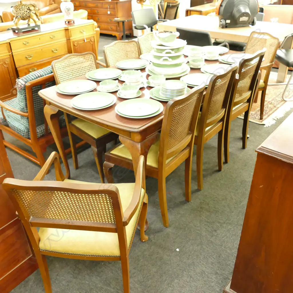 QUEEN ANNE DINING TABLE WITH FORMICA TOP AND 8 DINING CHAIRS Image 1++