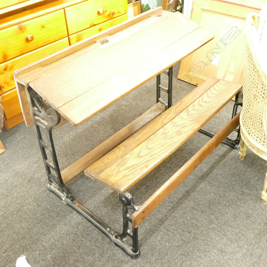 VINTAGE DOUBLE SCHOOL DESK, OAK w CAST IRON BASE Image 1++