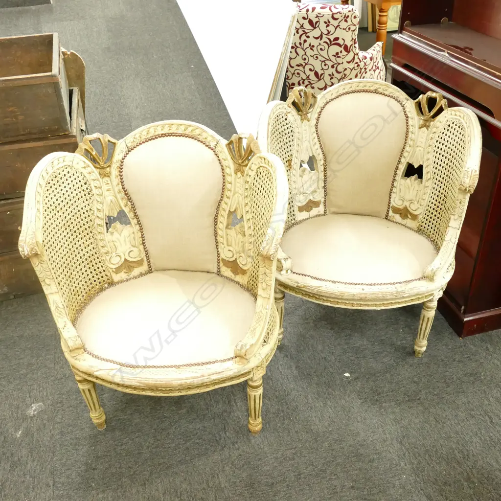 PAIR OF FRENCH STYLE BERGERE CHAIRS PAINTED AND GILDED FINISH Image 1++
