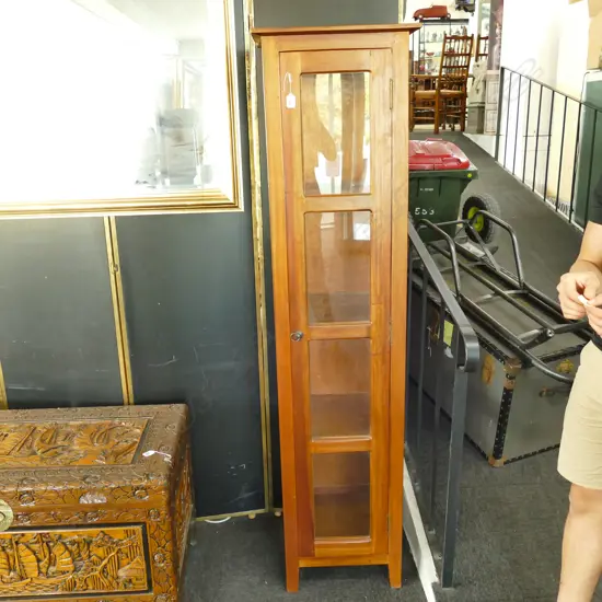 TALL NARROW TEAK GLAZED DISPLAY CABINET