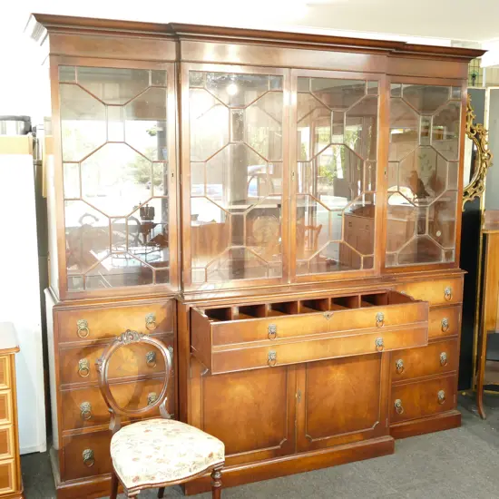 LARGE REPRODUCTION GEORGIAN MAHOGANY BREAKFRONT SECRETAIRE BOOKCASE