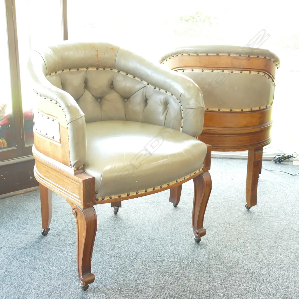 3 C1930'S OAK & LEATHER CLUB CHAIRS Image 1++