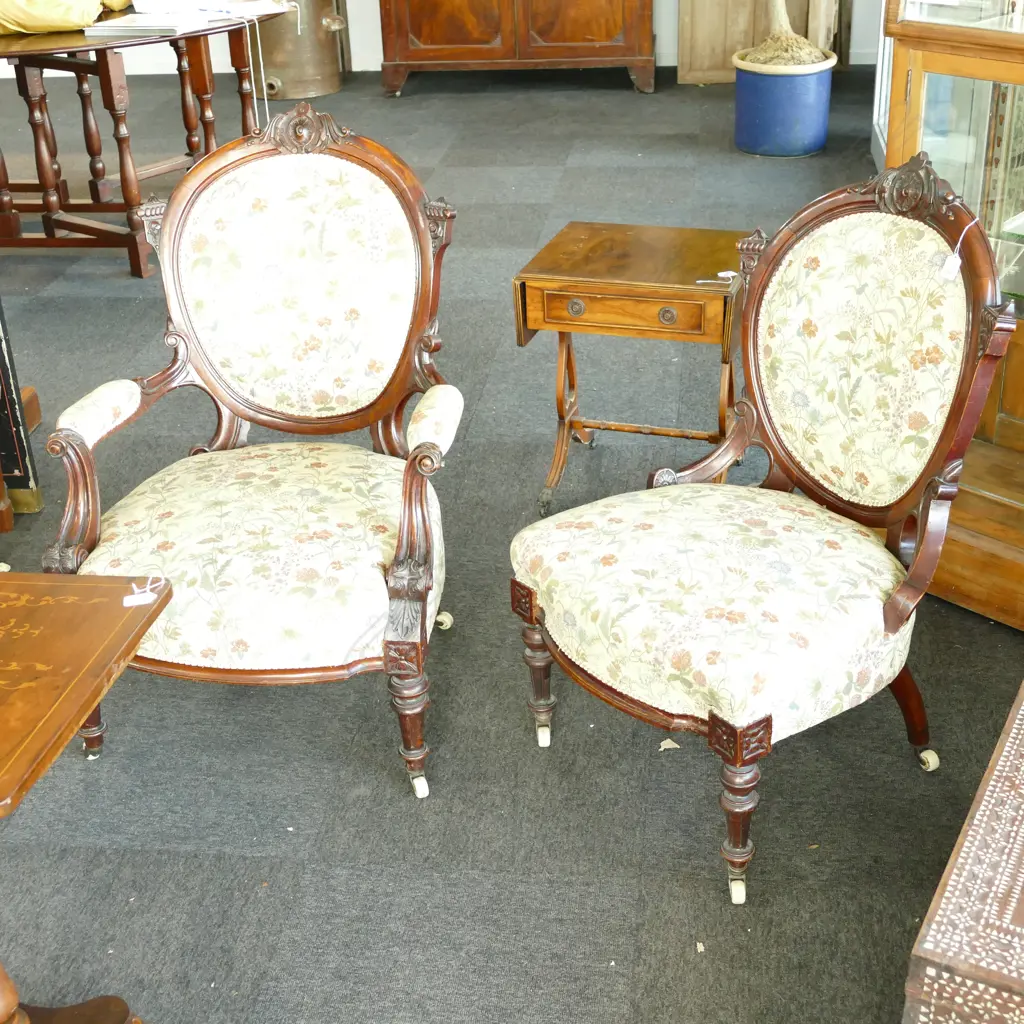 VICTORIAN GRANDFATHER AND GRANDMOTHER CHAIRS Image 1++