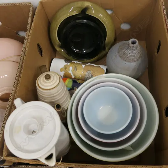 BOX LOT JUGS, TEAPOT, BOWLS, ROSENTHAL VASE ETC