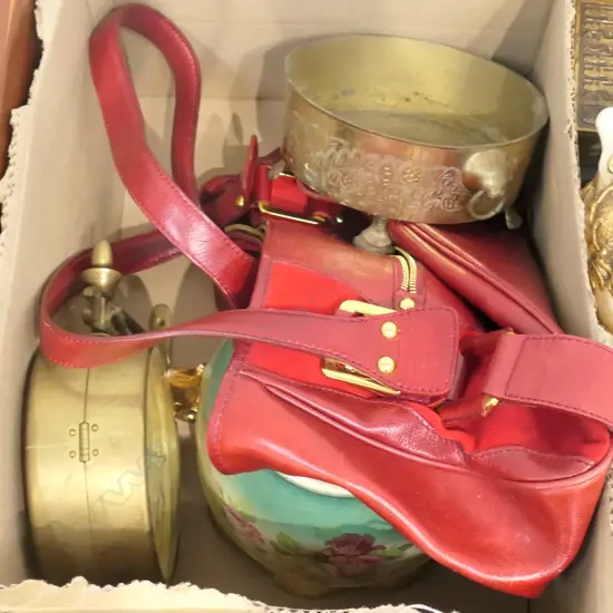 BRASS BOWL & CLOCK. JARDINIERE.HANDBAG. PARASOL