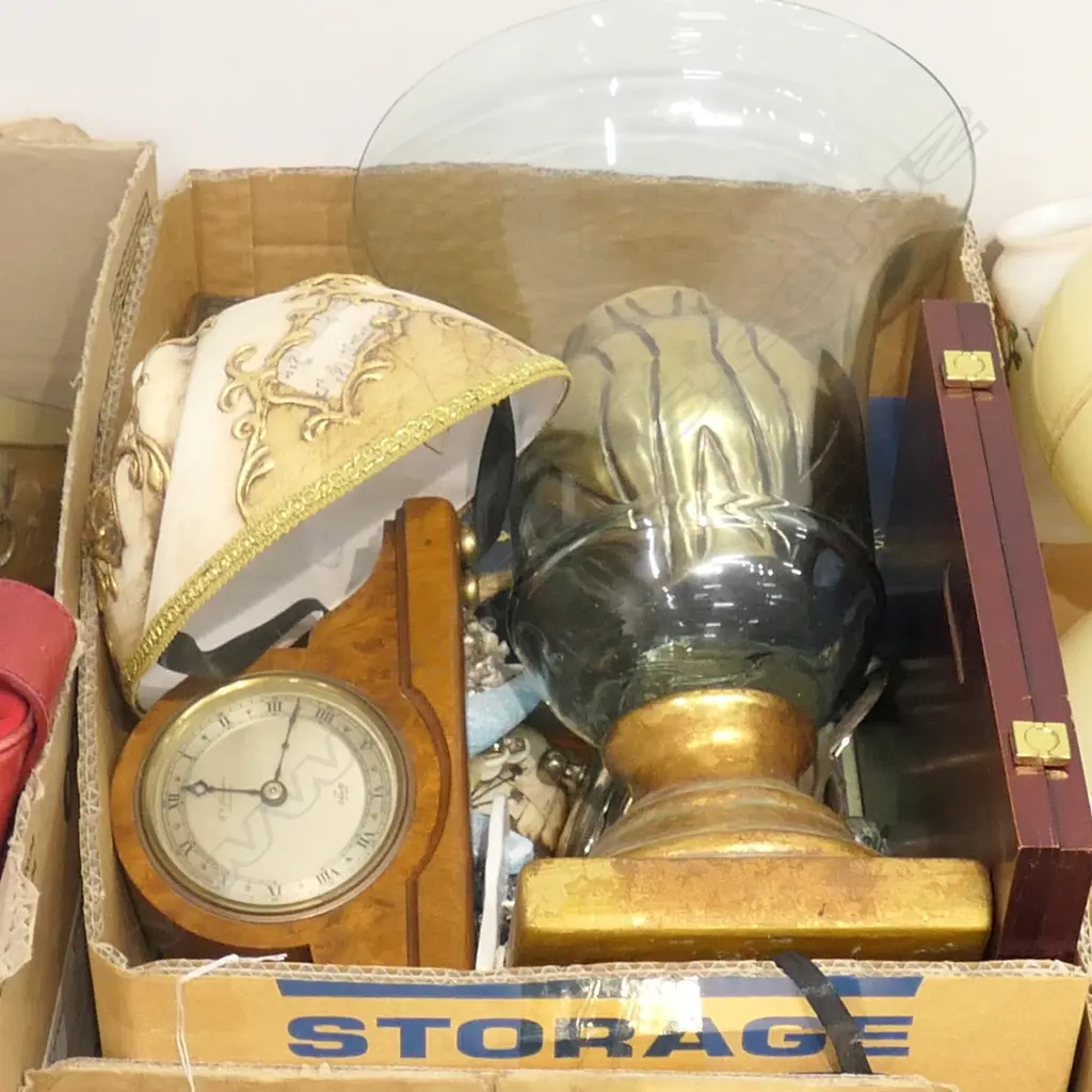 BOX LOT ASST. ITEMS; MASKS, CLOCK ETC Image 1++