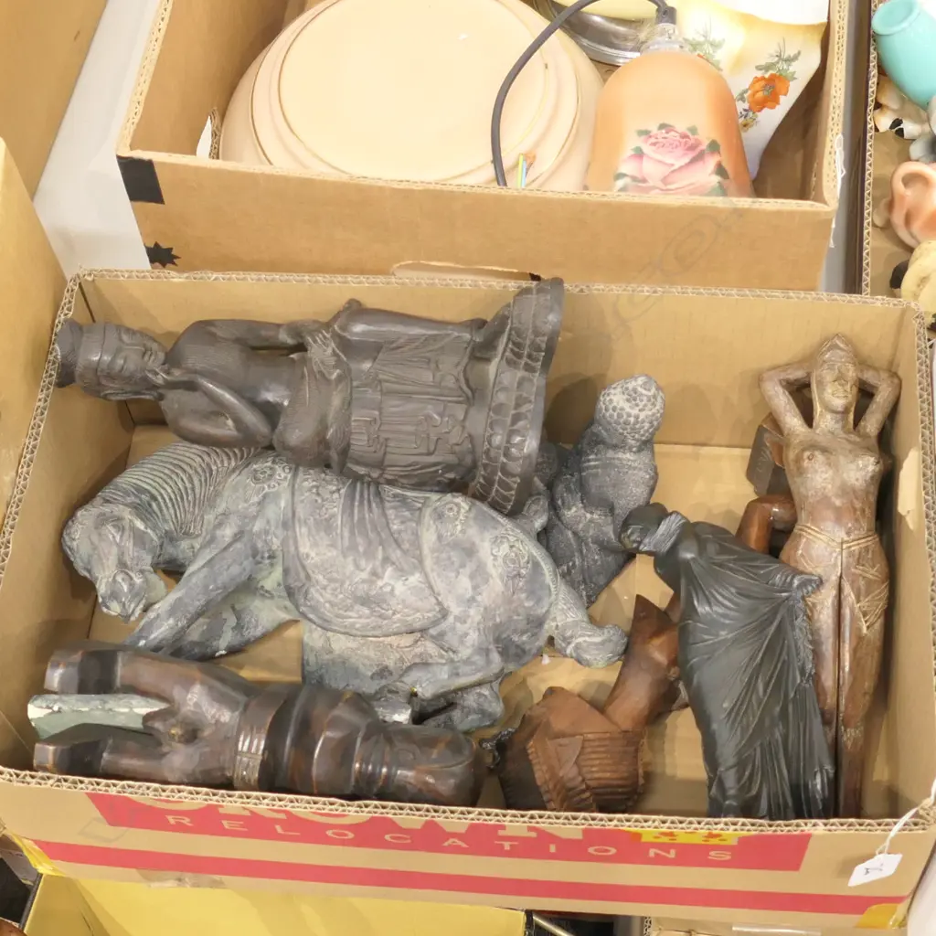BOX LOT WOODEN AND PLASTER ITEMS INCL. HORSE, BUDDHA, NUTCRACKER ETC Image 1++