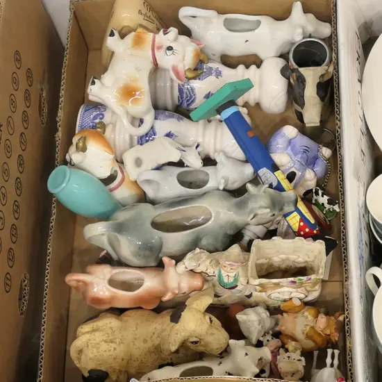 BOX LOT CERAMIC COWS ETC