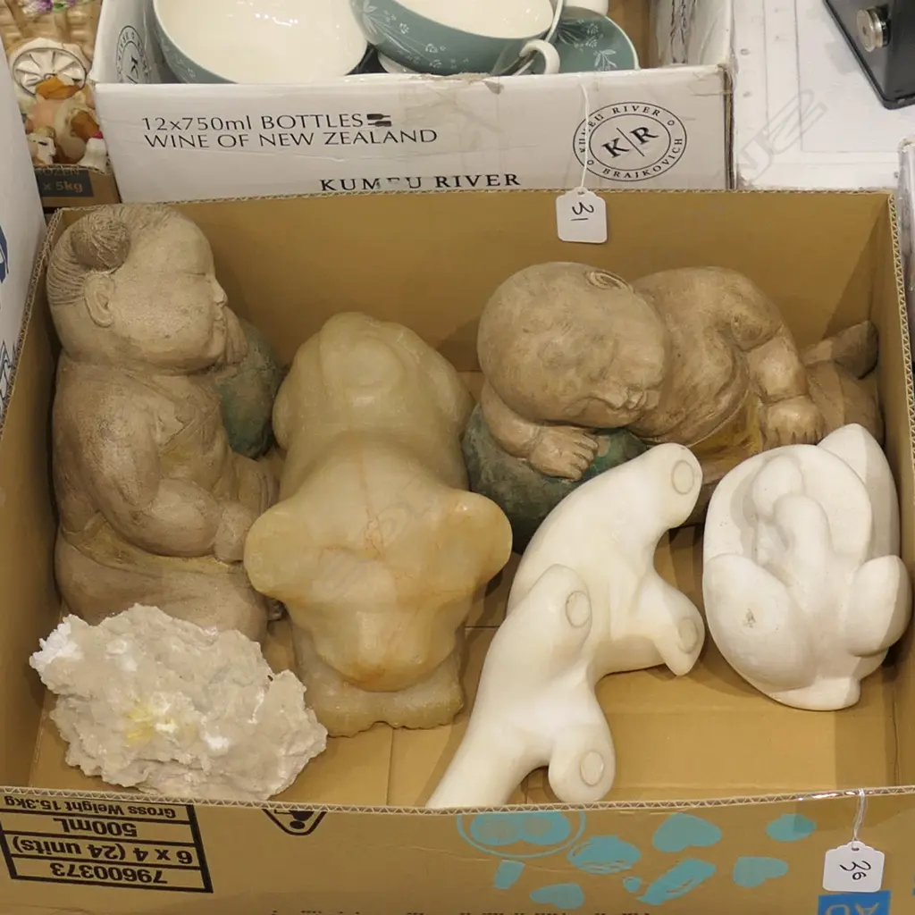 BOX LOT SOAP STONE / WOODEN PIECES ETC Image 1++