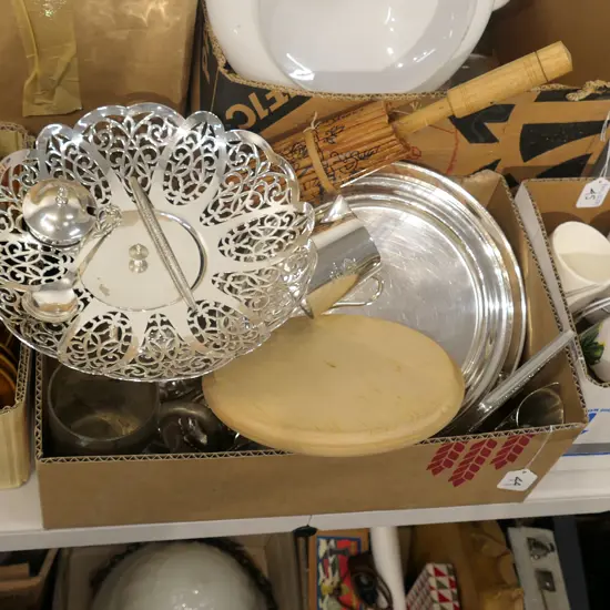 BOX SILVER PLATE ITEMS; TAZZA.CRUET.VASES...