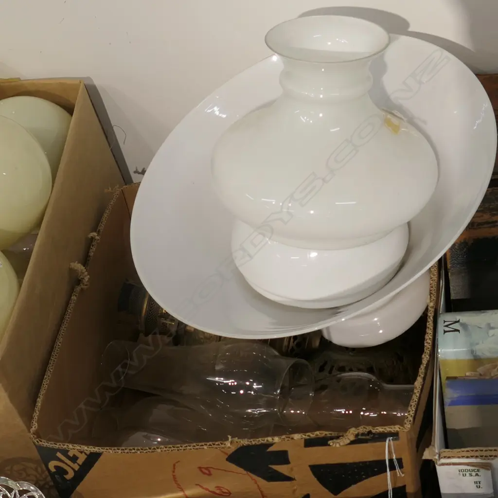BOX LOT KEROSENE LAMP, SHADES AND FLUTES Image 1++
