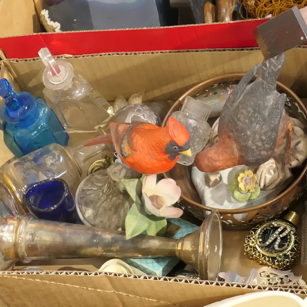 BOX LOT ASST ITEMS; EP, BIRDS, BOTTLES ETC Image 1++