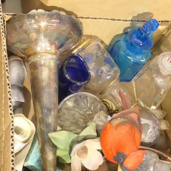 BOX LOT ASST ITEMS; EP, BIRDS, BOTTLES ETC