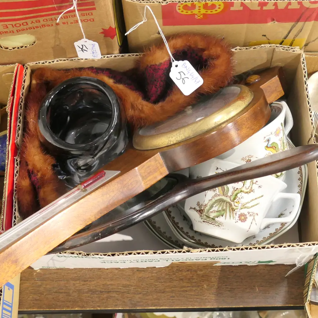 BOX LOT WHITEFRIARS? VASE, MIRROR, TRIOS, FUR, BAROMETER Image 1++