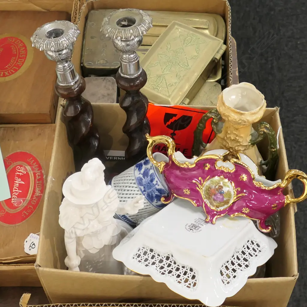 BOX LOT ASST. CHINA, CRYSTAL, CANDLESTICKS ETC Image 1++