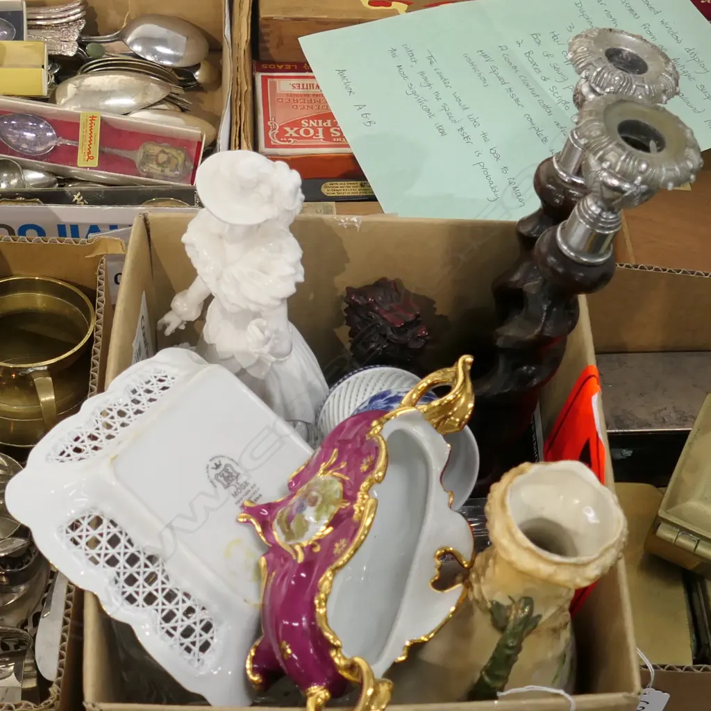 BOX LOT ASST. CHINA, CRYSTAL, CANDLESTICKS ETC Image 1++