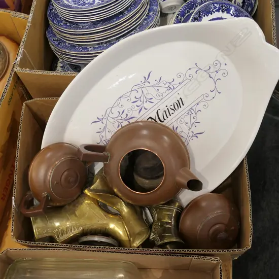 3 BRASS BOOTS, 3 PIECE COPPER TEA SET + LARGE FRENCH PLATTER