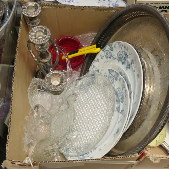 BOX CRYSTAL GLASS S/PLATE CANDELABRA PLATES ETC