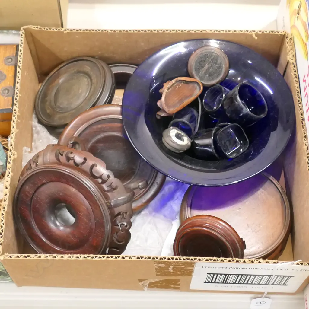 BOX OLD CHINESE TURNED WOOD STANDS / BLUE GLASS Image 1++