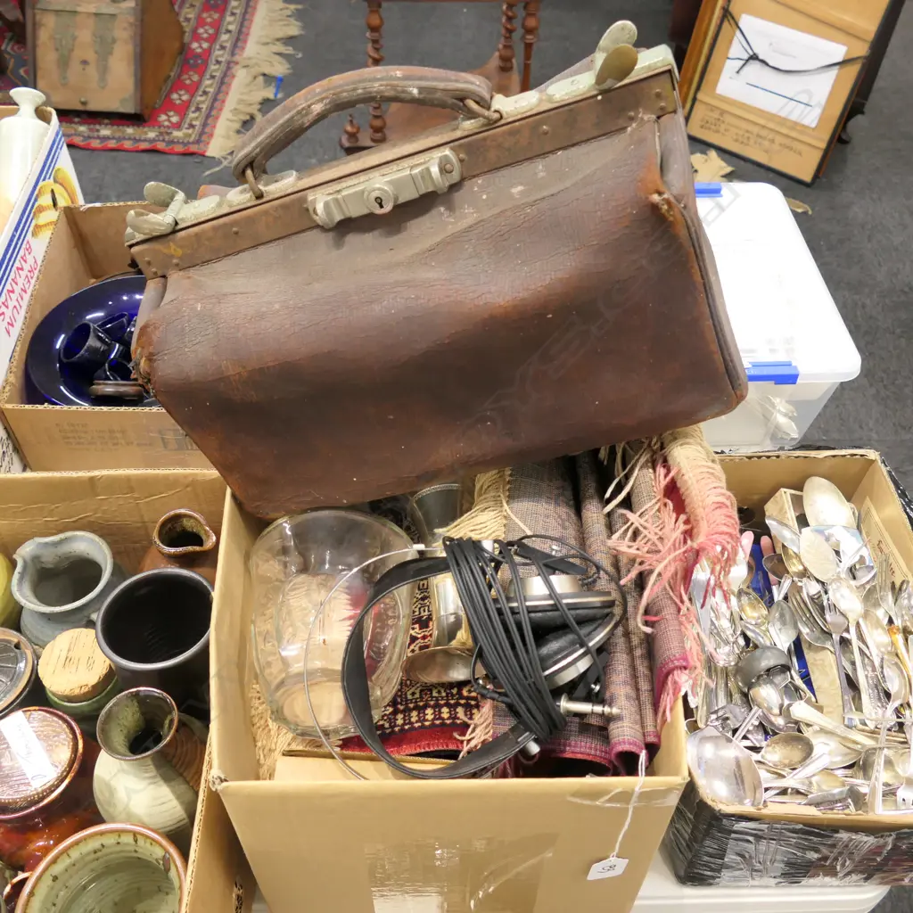 BOX LOT FISHING FLIES, VINTAGE LEATHER DOCTORS BAG, PIONEER HEADPHONES ETC Image 1++