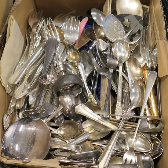 BOX LOT ASST. EP CUTLERY, SOME BOXED