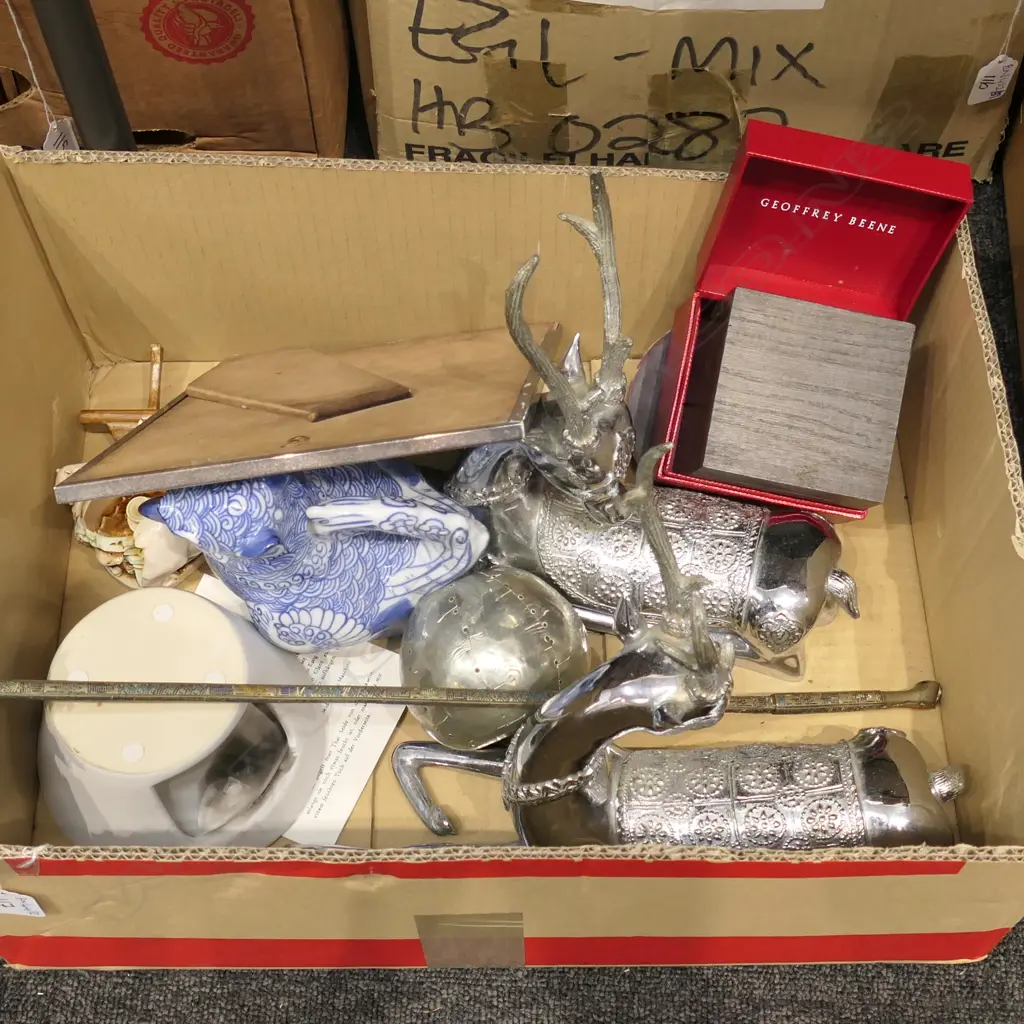 BOX LOT ASST. ITEMS INCL. 2 DEER, QUAIL JUG, METAL APPLE ETC Image 1++
