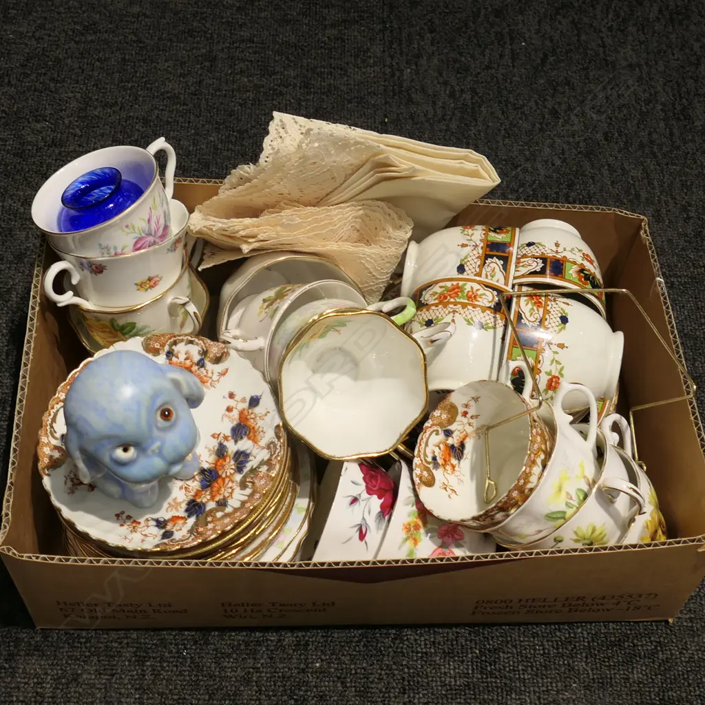 BOX LOT ASST. CUPS AND SAUCERS, TRIOS ETC Image 1++