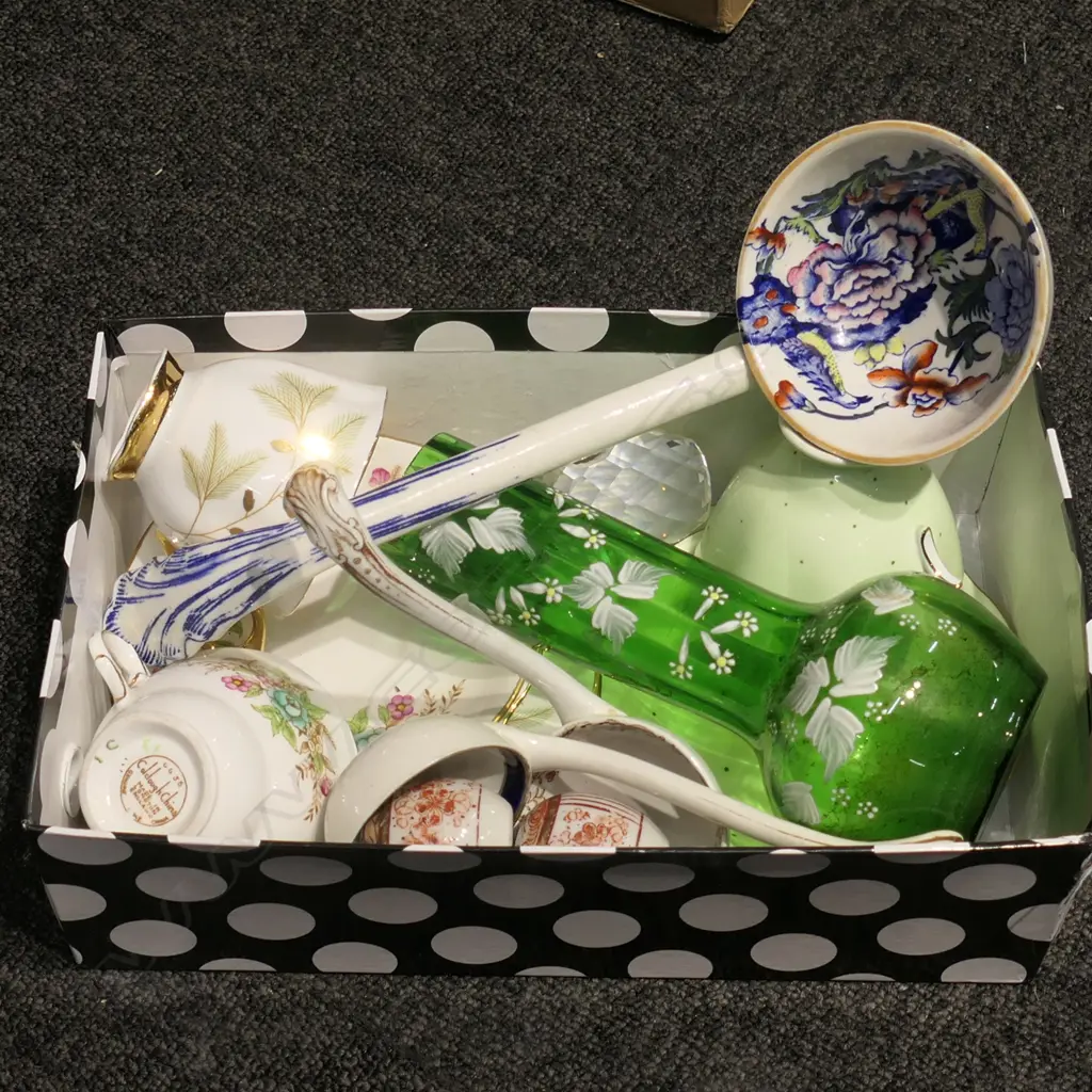 BOX LOT 3 TRIOS, 3 VICTORIAN LADLES, VASE, OWL ETC Image 1++