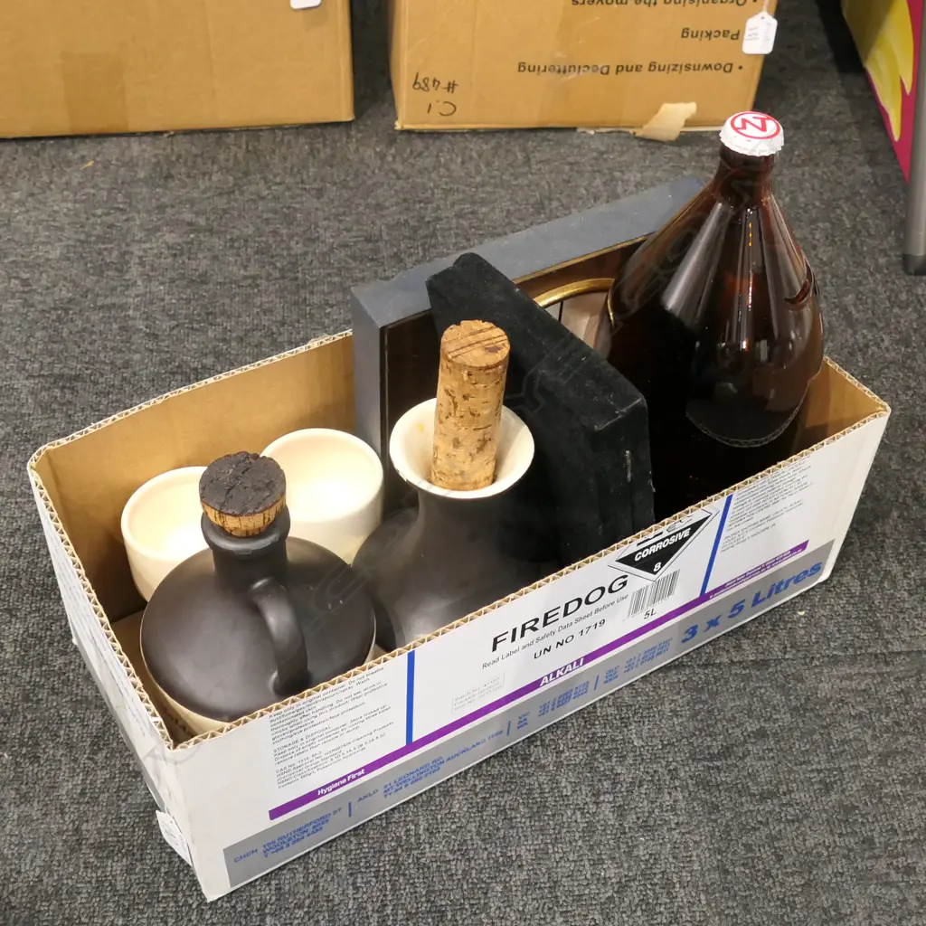 BOX BOTTLES, DECANTERS, CLOCK, SCISSOR SET  Image 1++