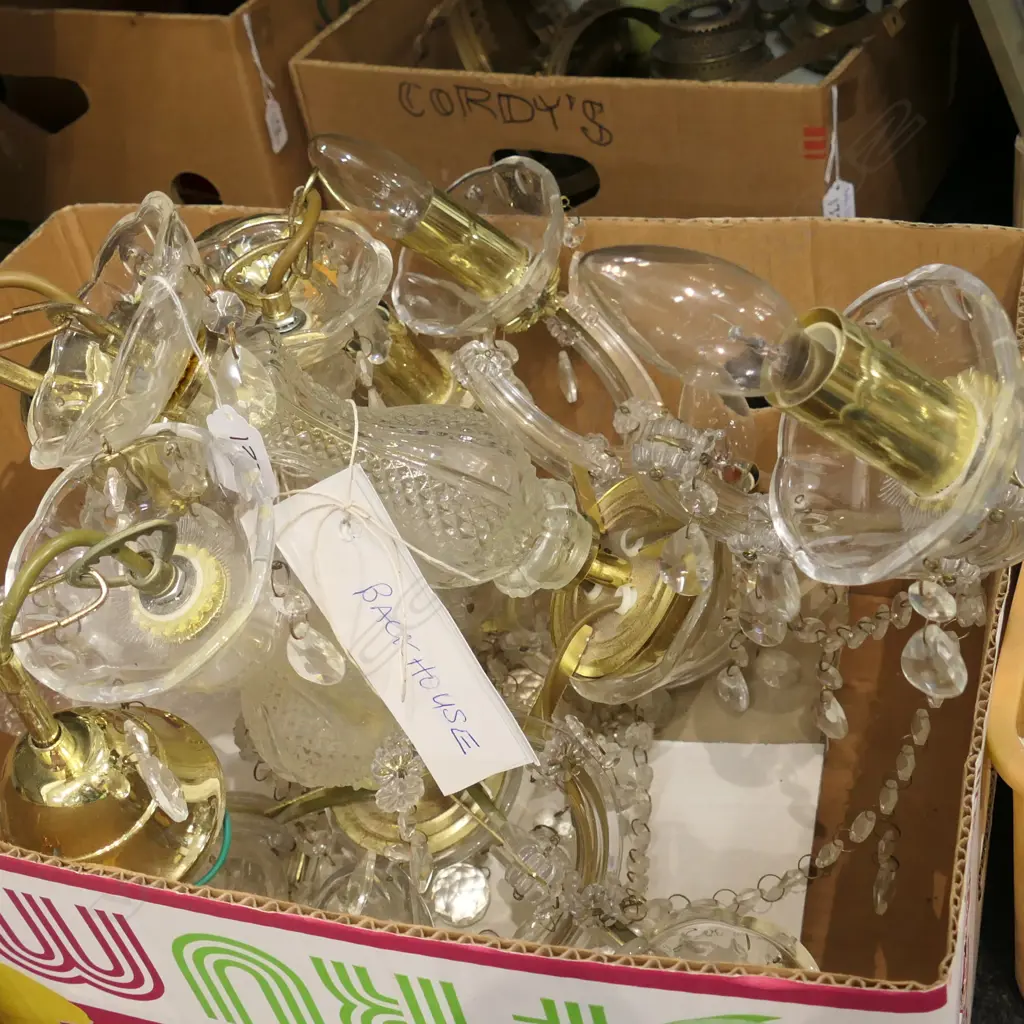 SET 3 GLASS & BRASS 3 SCROLL ARM CHANDELIERS Image 1++