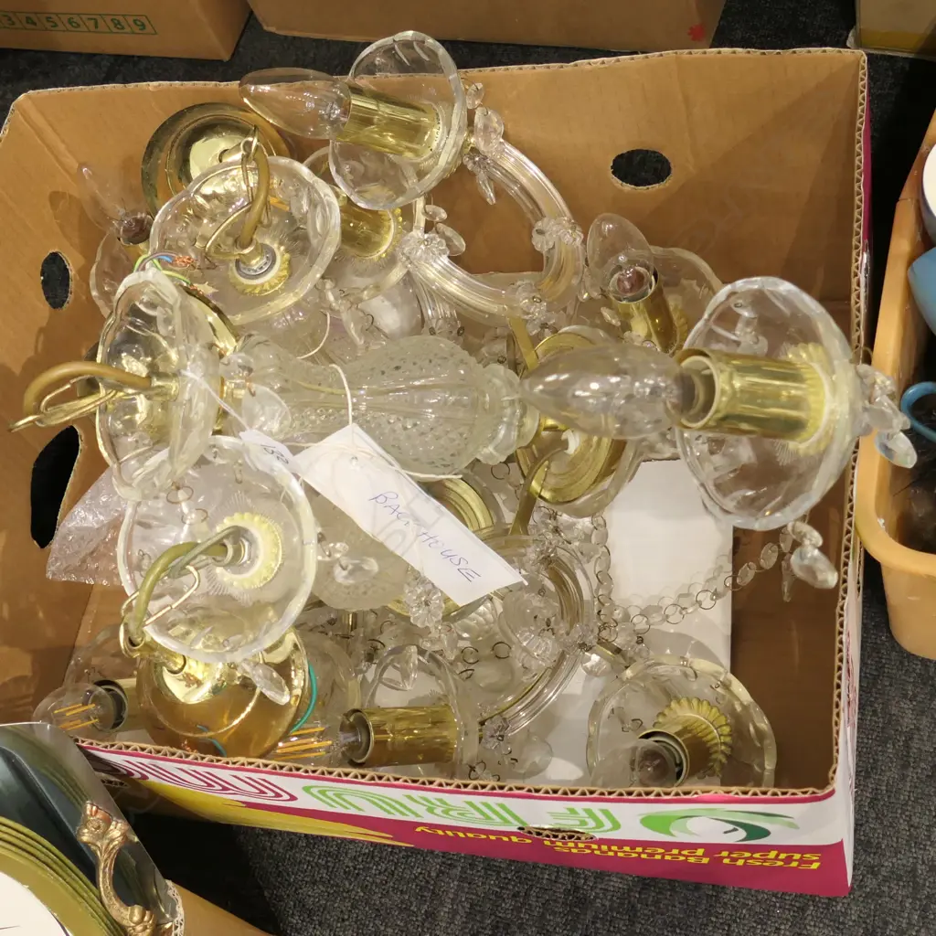 SET 3 GLASS & BRASS 3 SCROLL ARM CHANDELIERS Image 1++