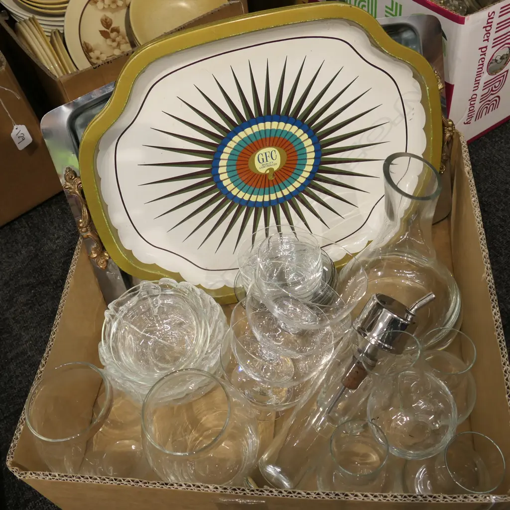 BOX GLASSWARE, DECANTER + MULITPE TRAYS  Image 1++